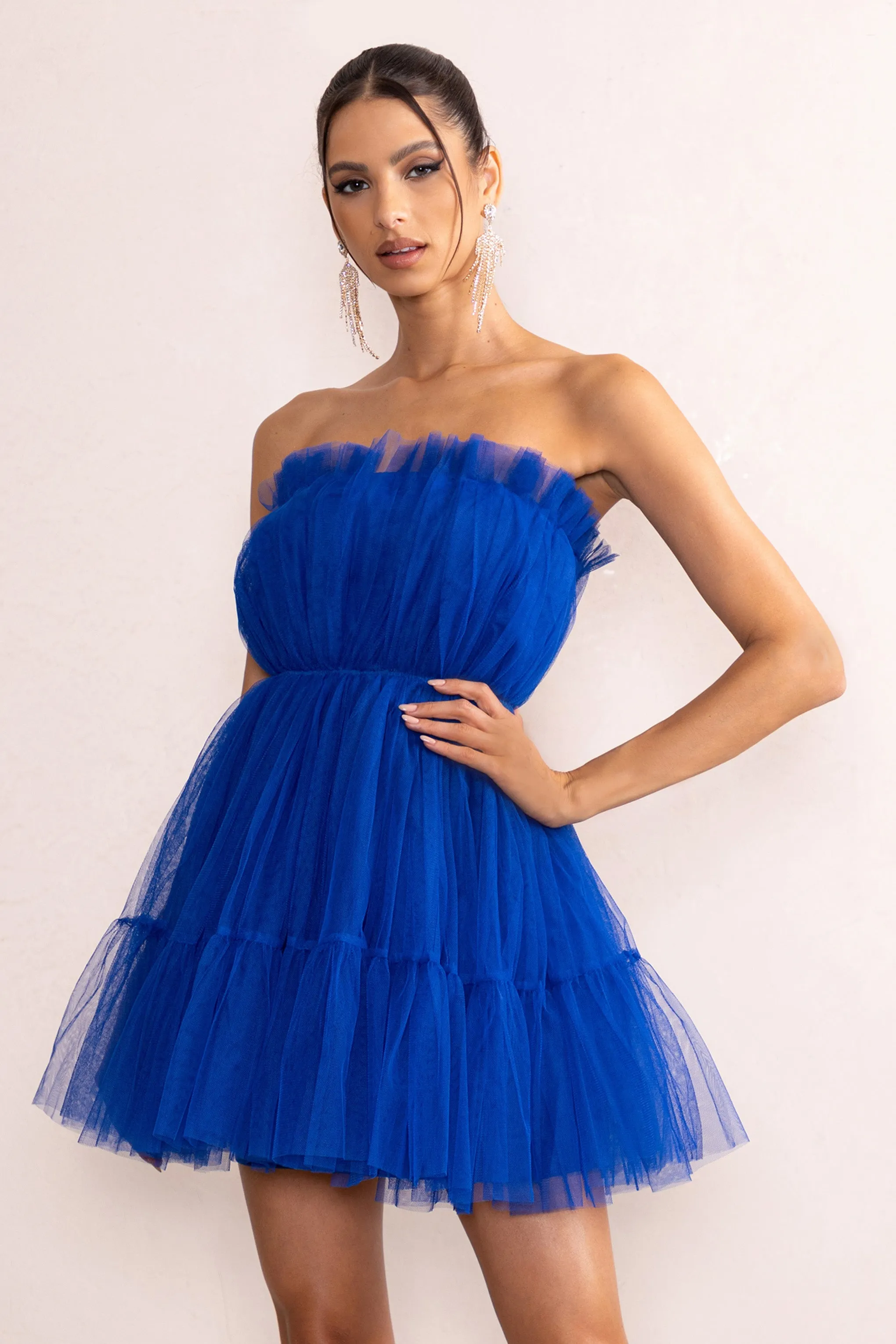 Aella | Mini-robe bandeau en tulle plissé bleu cobalt