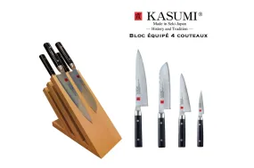Bloc à couteaux en hêtre aimanté tout équipé de 4 couteaux Kasumi Damas