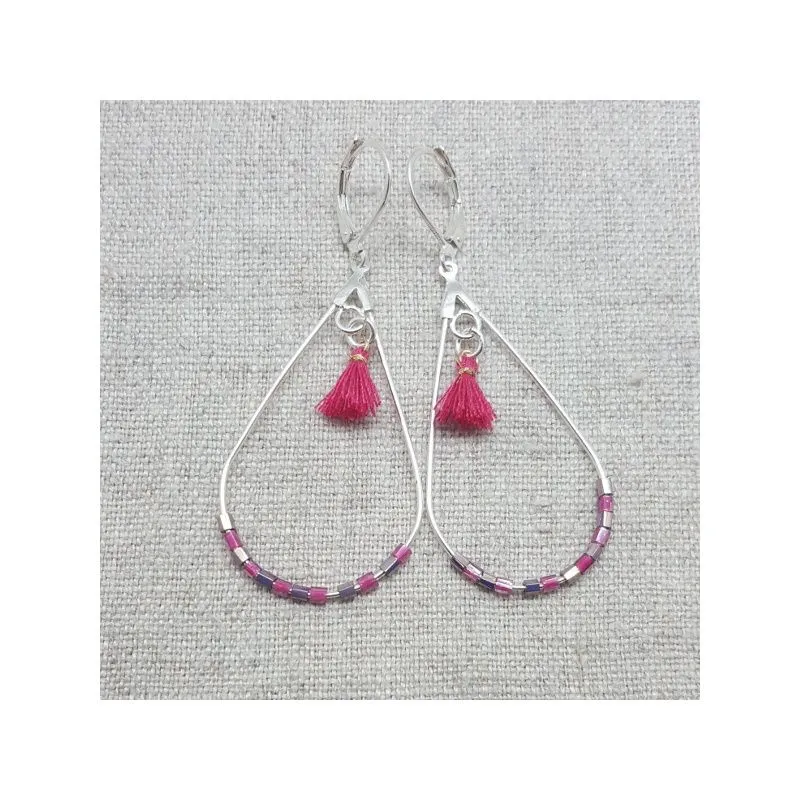 Boucles d'oreilles créoles gouttes avec perles colorées et pompon