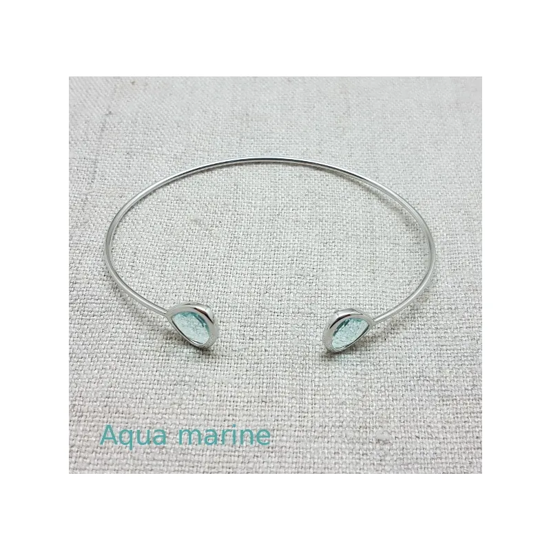 bracelet jonc rigide Argent ouvert avec 2 pierres naturelles colorées