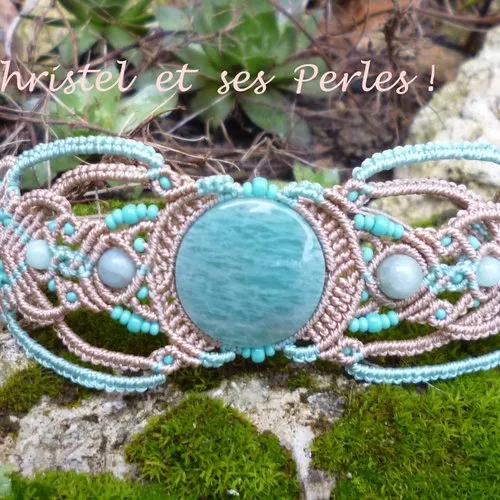 Bracelet macramé bicolore et amazonite ronde