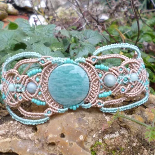 Bracelet macramé bicolore et amazonite ronde