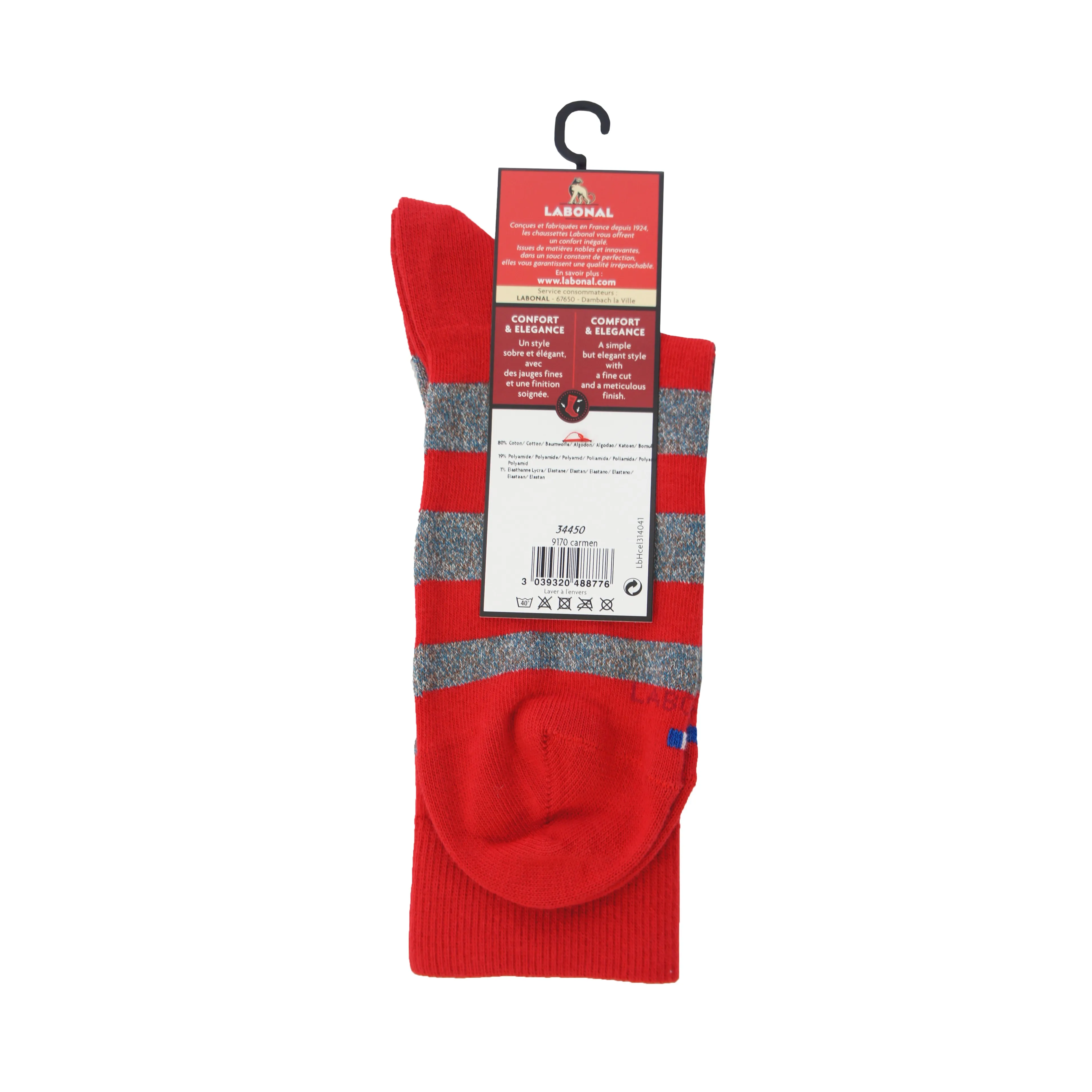 Chaussette rayée rouge - Labonal : vente chaussettes pour hommes La...