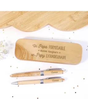 Coffret en bois personnalisé avec 2 stylos gravés - Papy extraordinaire