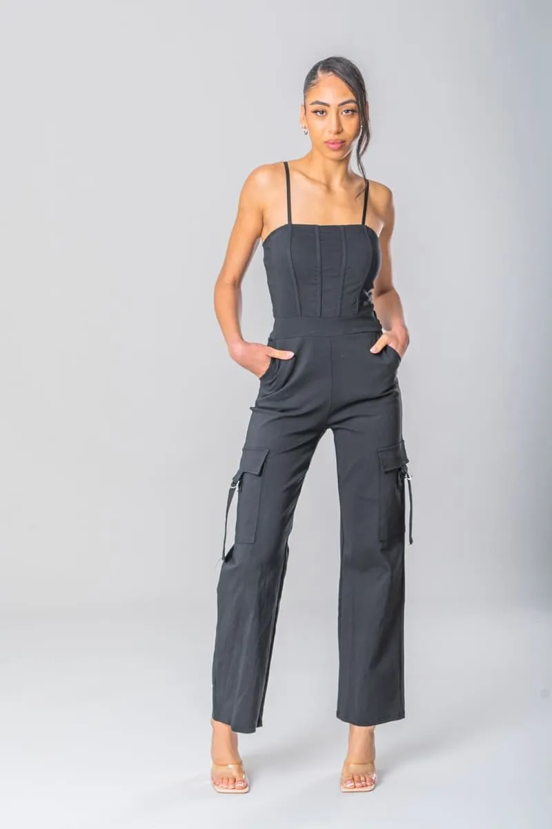 Combinaison bretelles effet corset pantalon baggy noir