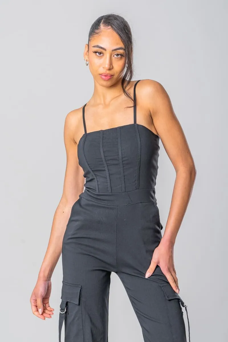 Combinaison bretelles effet corset pantalon baggy noir