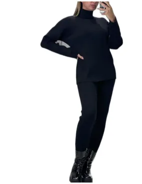 Ensemble pull col roulé over size et jegging en maille côtelé extensible noir