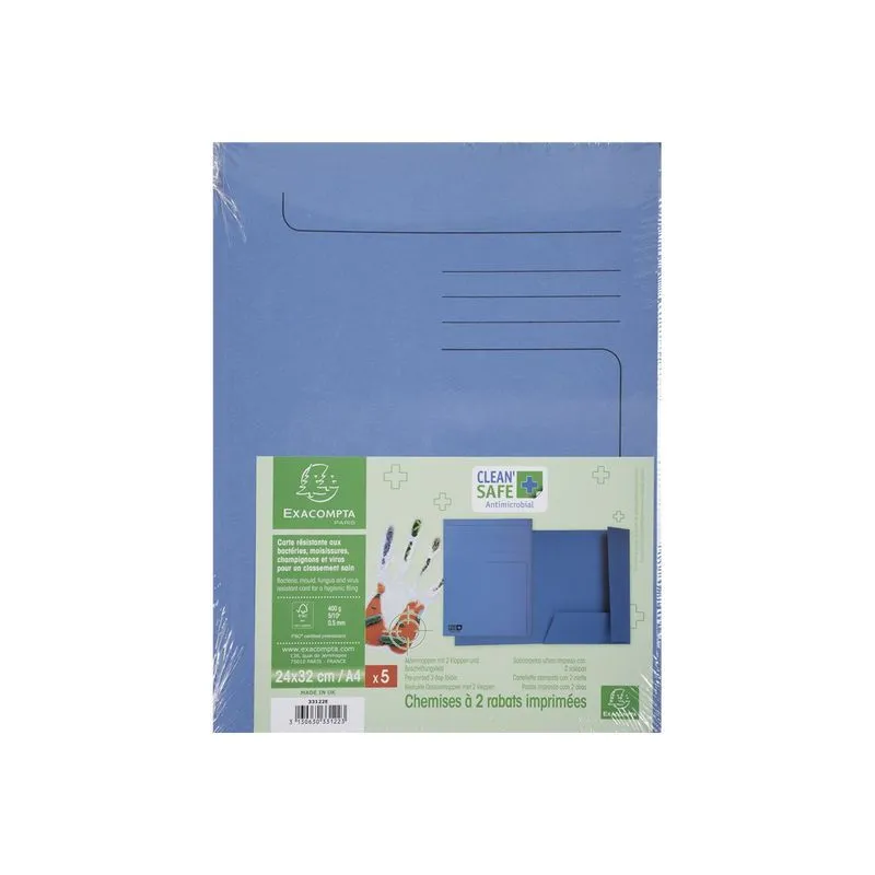 Exacompta Clean'Safe - 5 chemises à 2 rabats - A4 - bleu