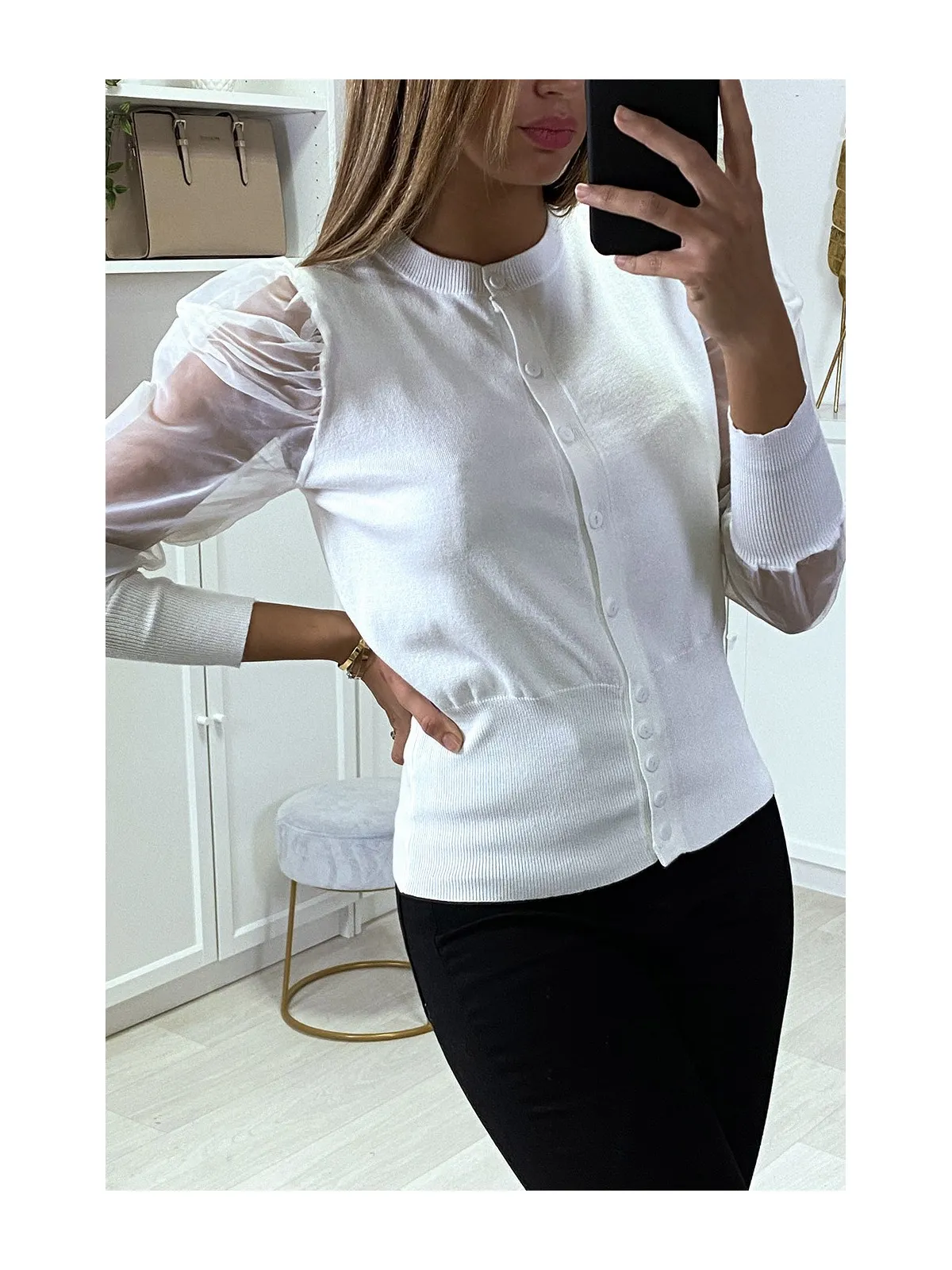 Gilet blanc à manches transparentes en tulle