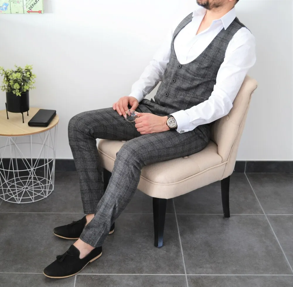 Gilet chic slim gris foncé à carreaux