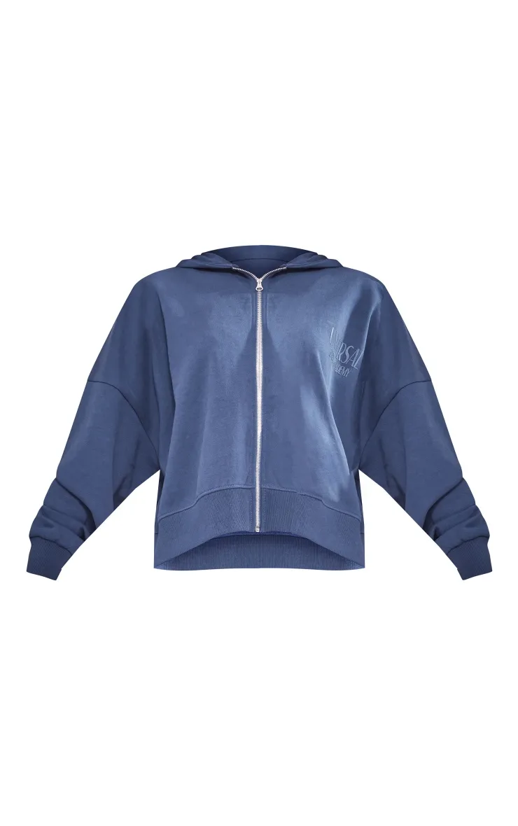 Hoodie deluxe bleu marine imprimé à épaules carrées et zip