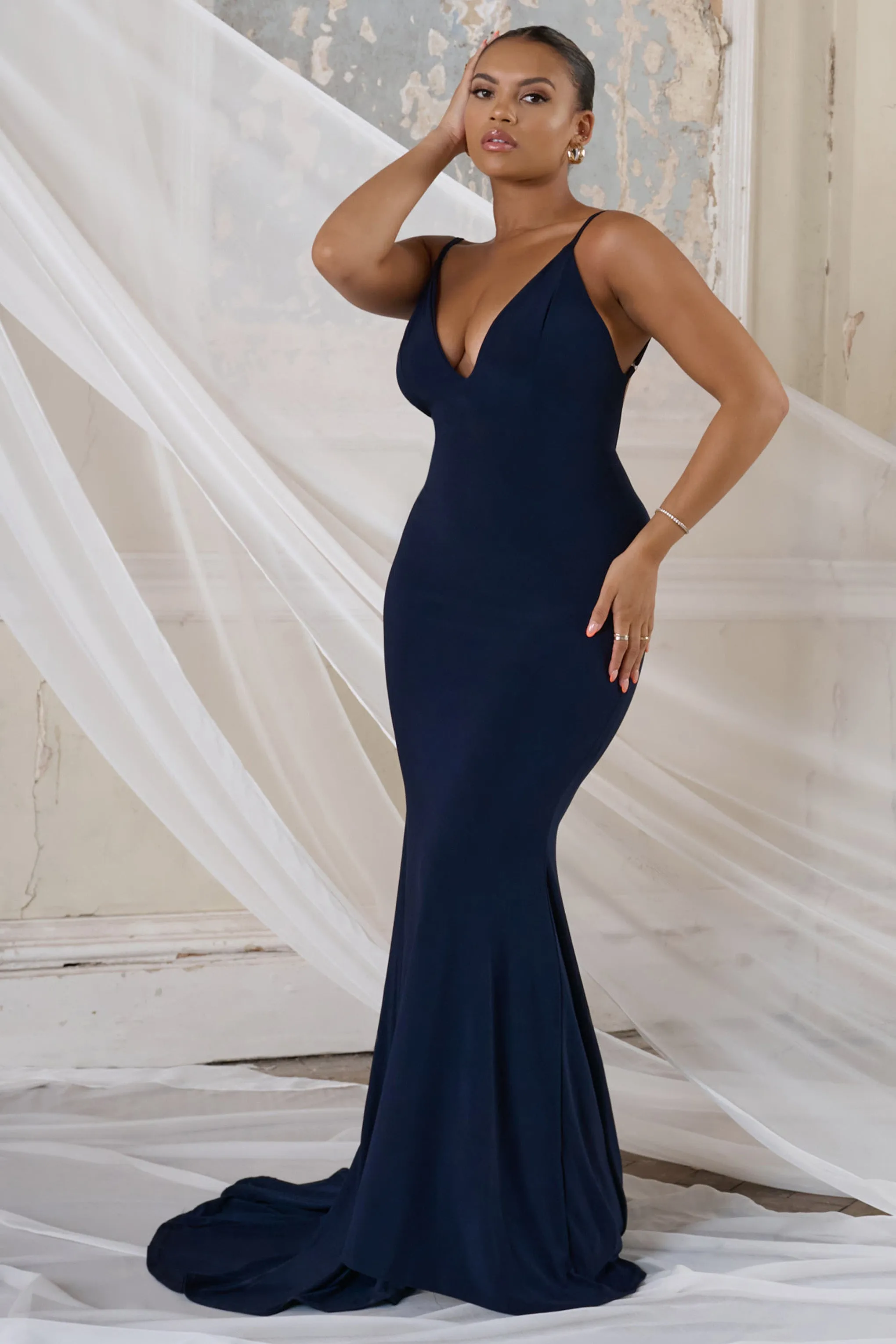 Irreplaceable | Robe longue sirene demoiselle d'honneur a dos nu bleu marine