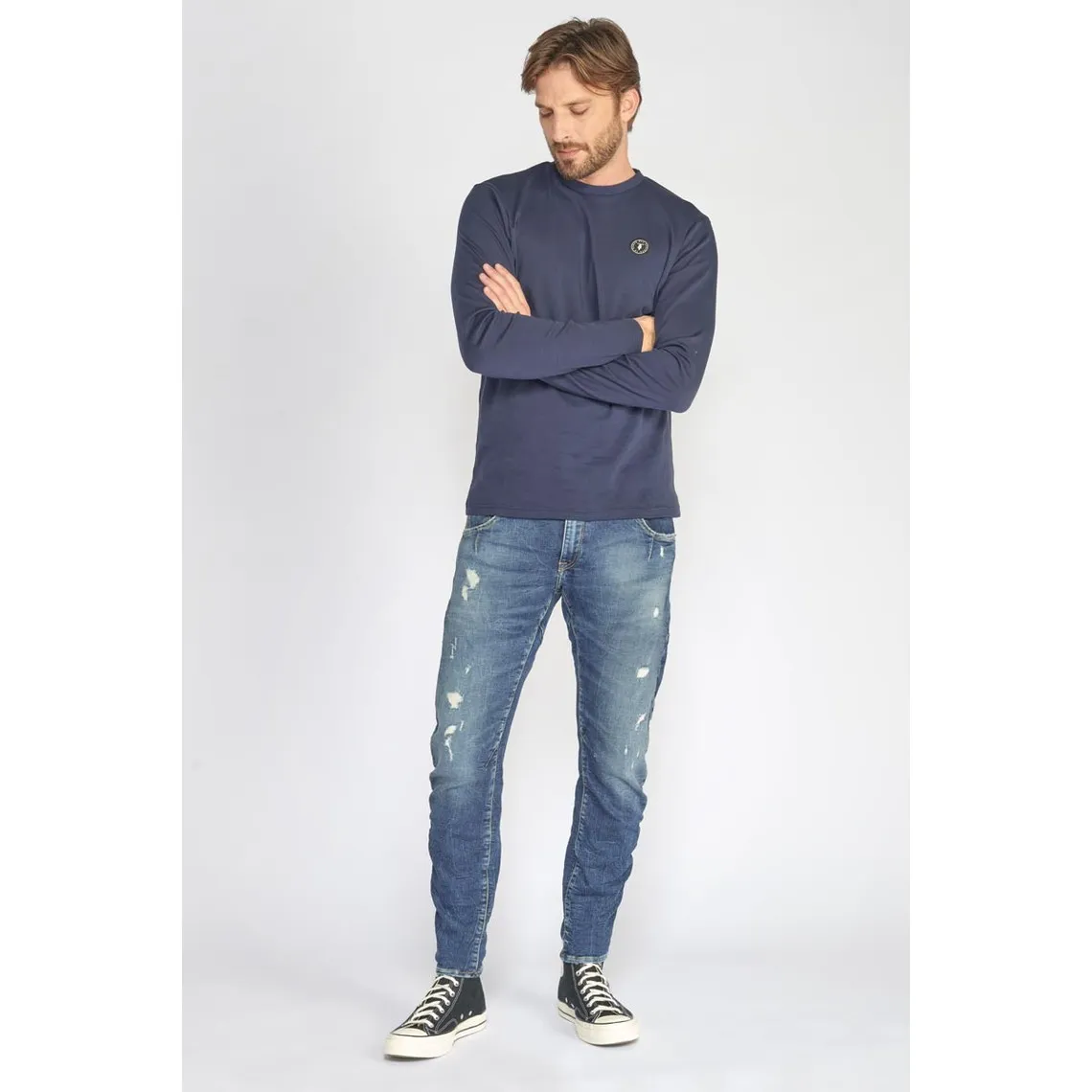 Jeans 900/3 Jogg tapered arqué  destroy bleu N°2 en coton | 3 Suisses