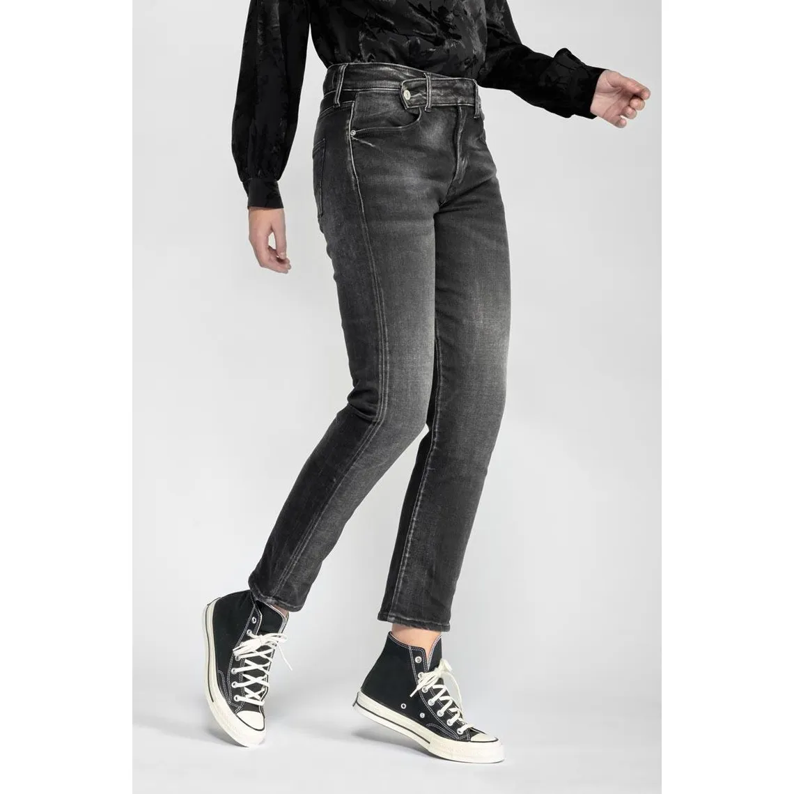 Jeans regular, droit 400/17 mom taille haute 7/8ème noir en coton | 3 Suisses