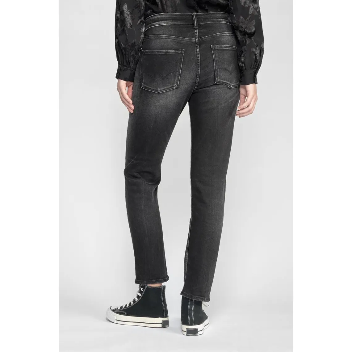 Jeans regular, droit 400/17 mom taille haute 7/8ème noir en coton | 3 Suisses