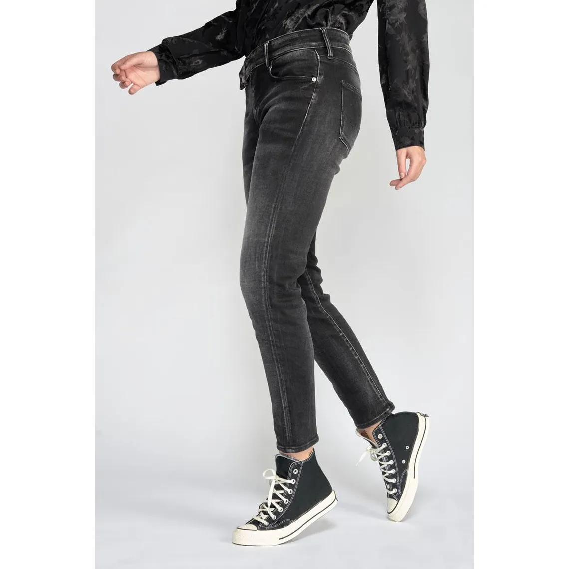 Jeans regular, droit 400/17 mom taille haute 7/8ème noir en coton | 3 Suisses