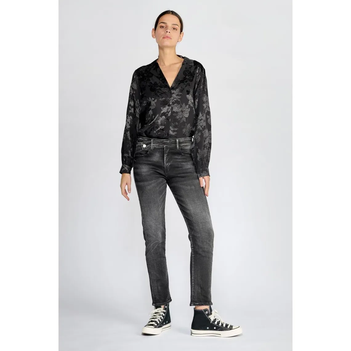 Jeans regular, droit 400/17 mom taille haute 7/8ème noir en coton | 3 Suisses