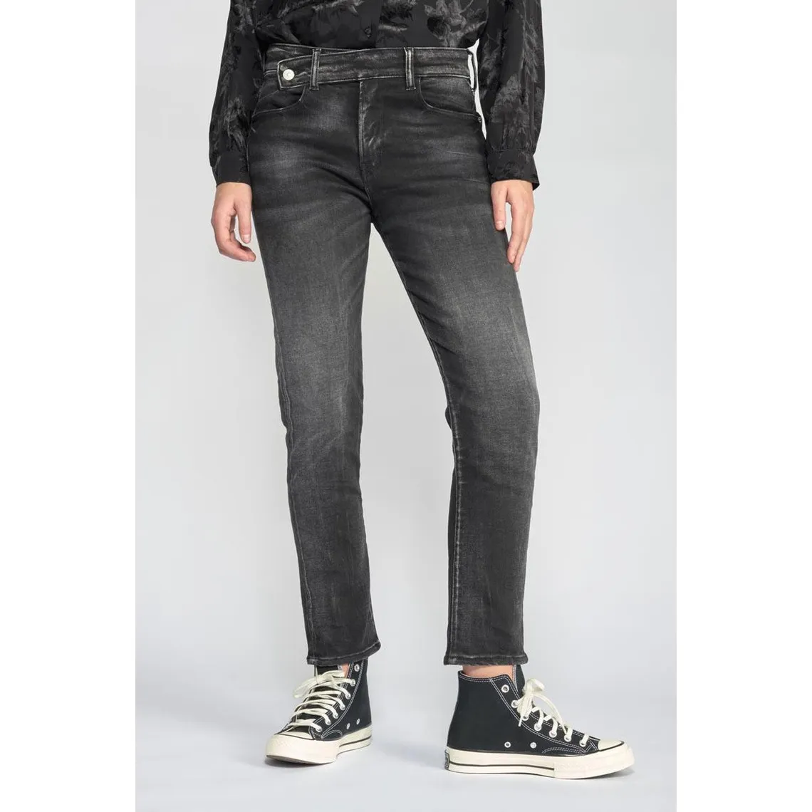 Jeans regular, droit 400/17 mom taille haute 7/8ème noir en coton | 3 Suisses