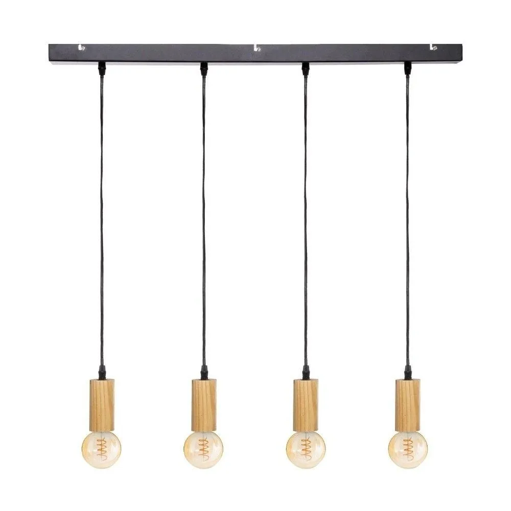 Luminaire suspension 4 lampes en métal et bois naturel