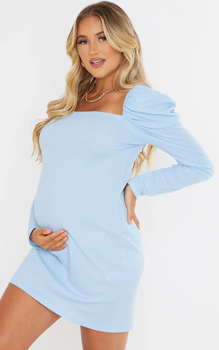Maternité Mini-robe de grossesse côtelée bleu ciel à manches ballon longues