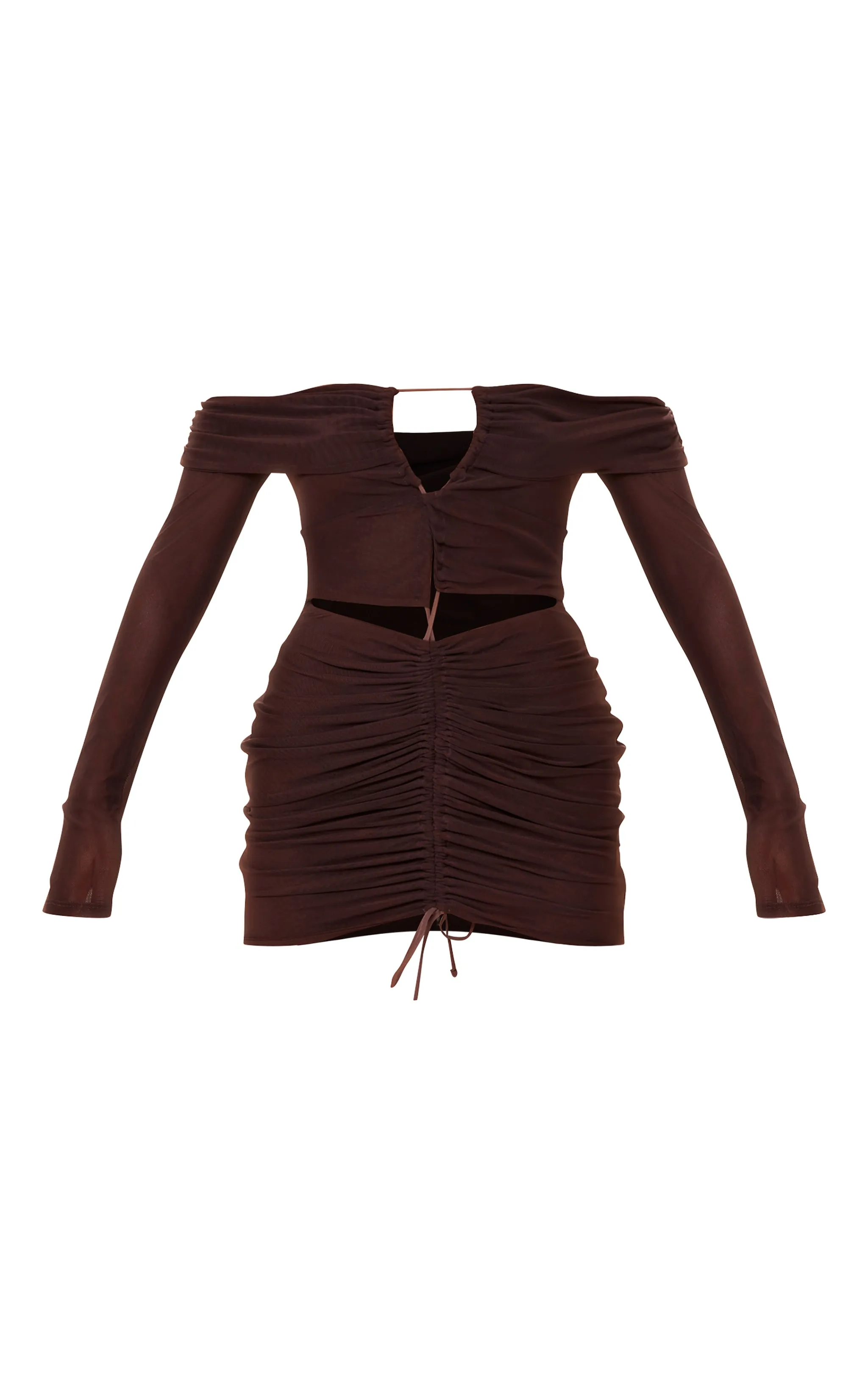 Mini-robe en mesh froncé chocolat à col bardot