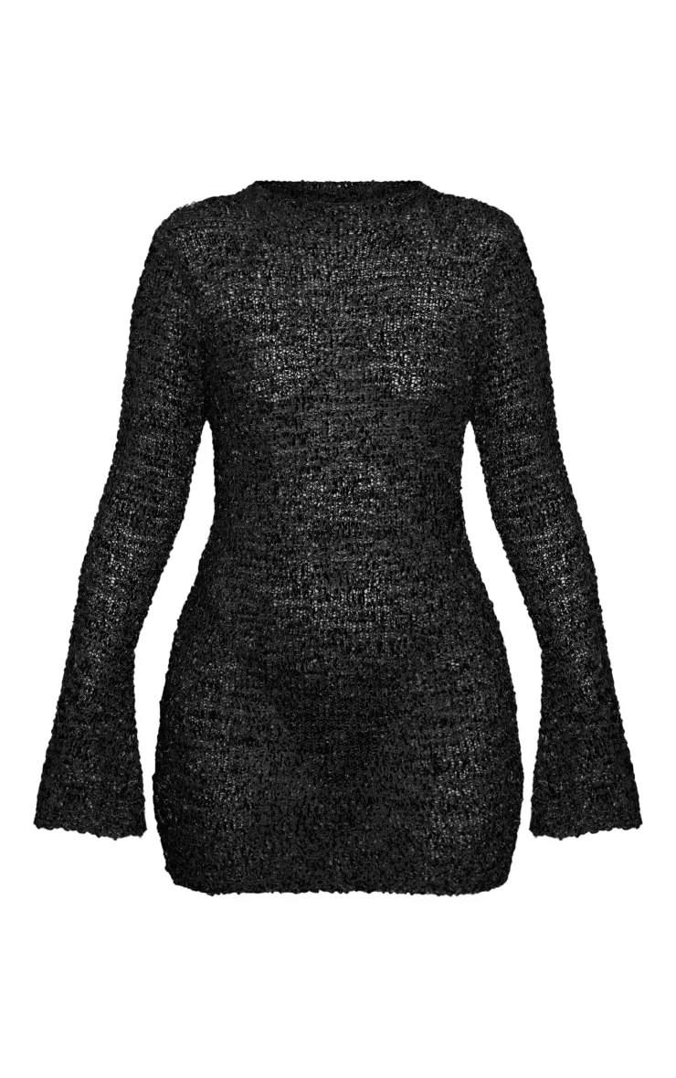 Mini-robe noire en maille tricot effet bulle à manches longues