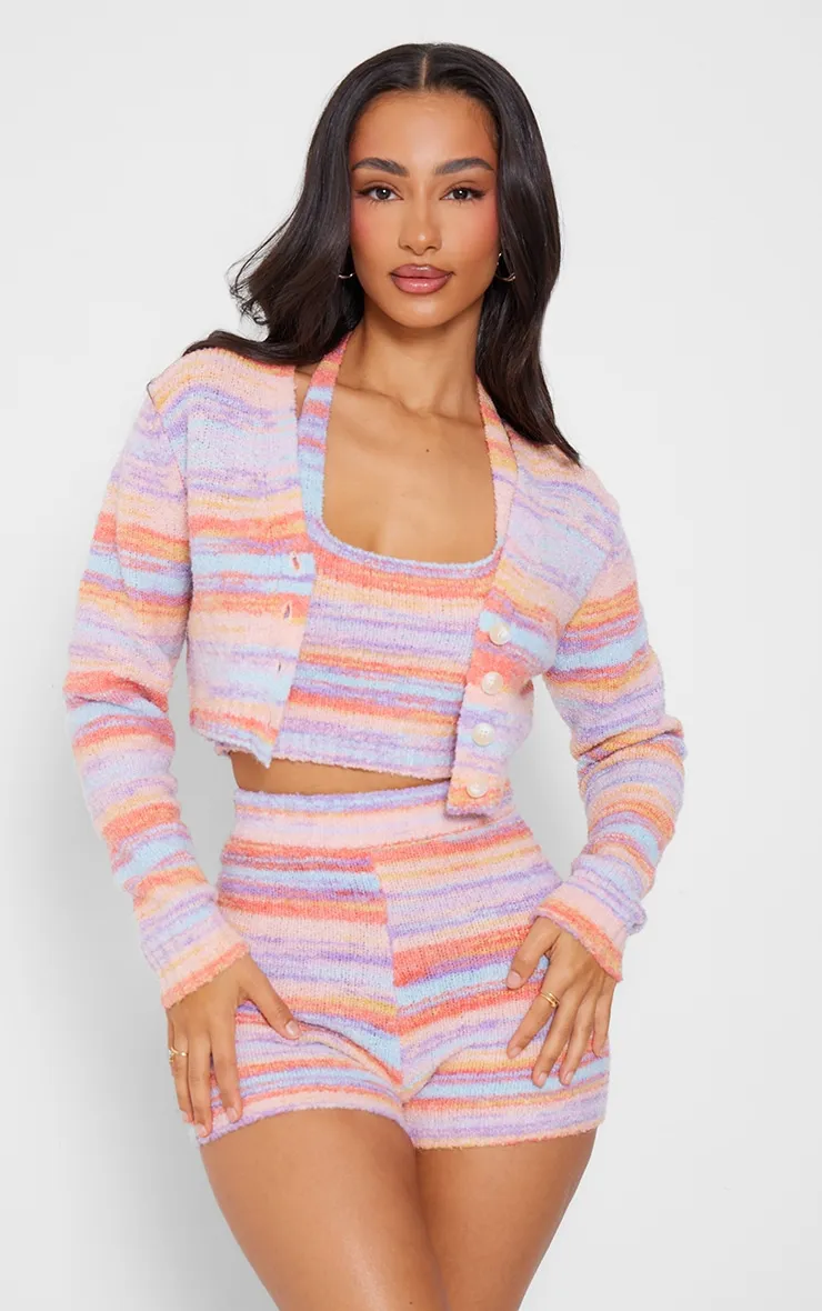 Petite Gilet court en maille tricot duveteuse multicolore