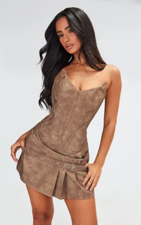 Petite Mini-robe bustier moulante taupe en PU