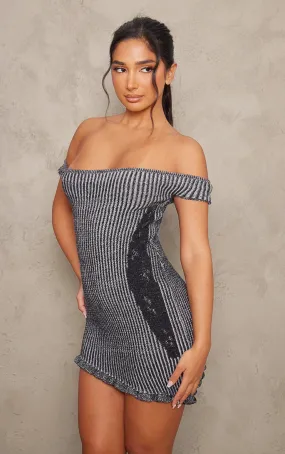 Petite Mini-robe en maille tricot gris anthracite asymétrique à épaules dénudées