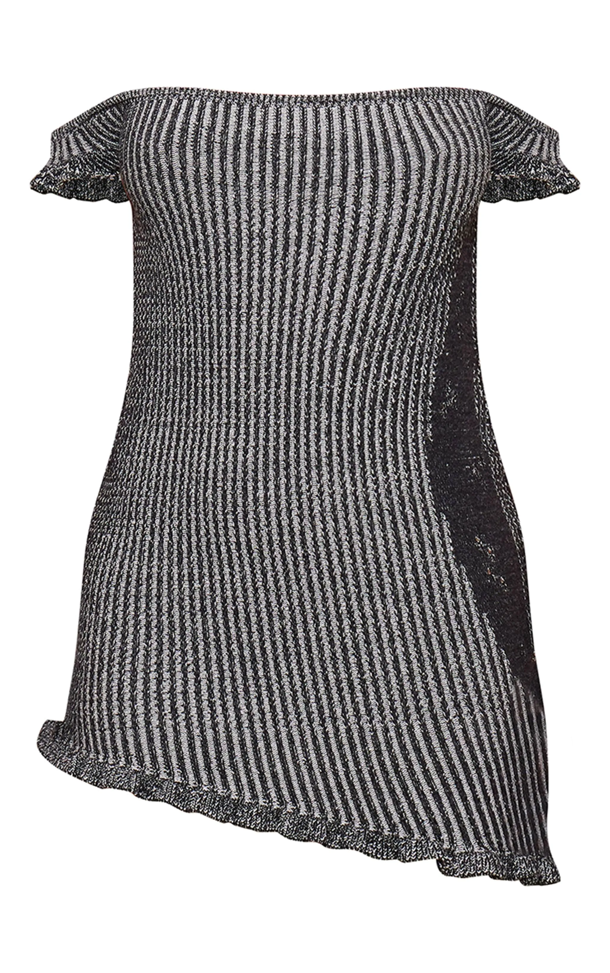 Petite Mini-robe en maille tricot gris anthracite asymétrique à épaules dénudées