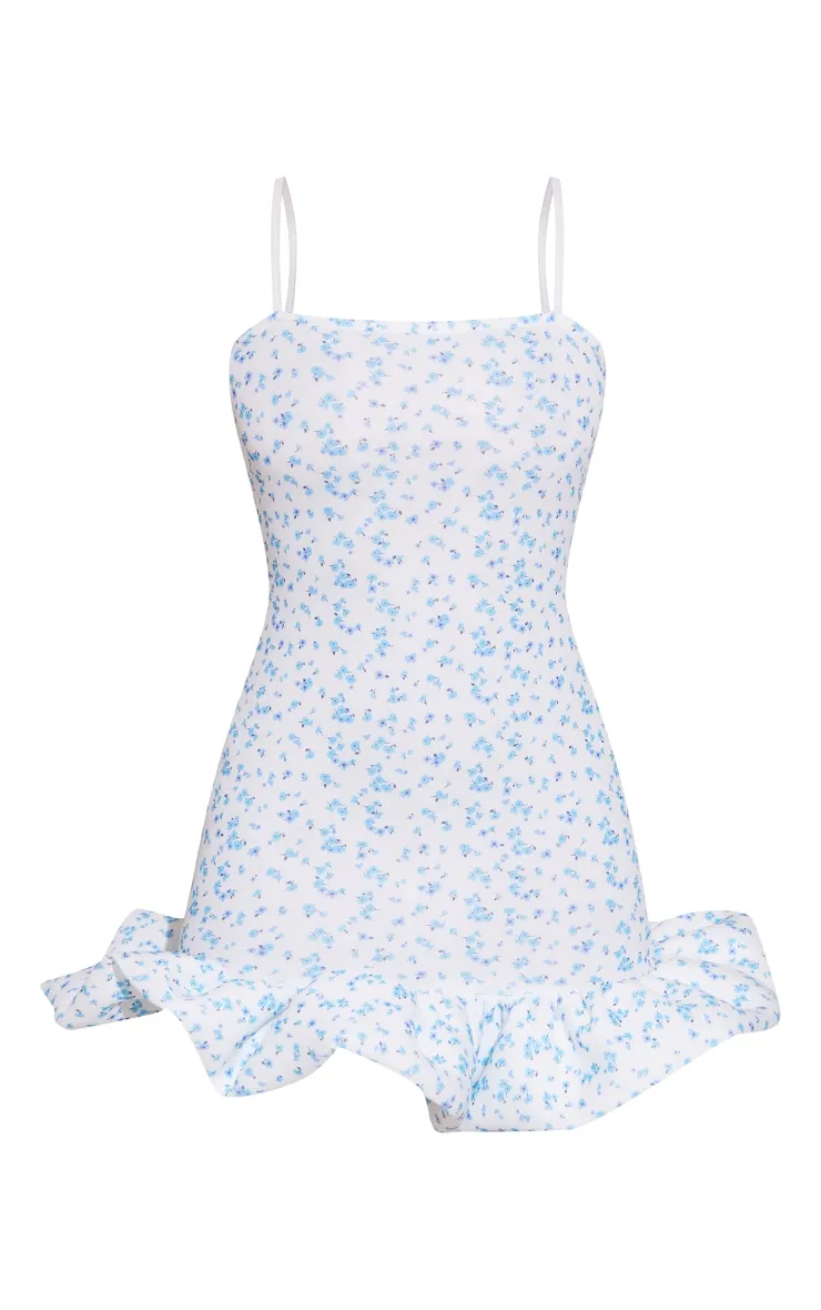 Petite Mini robe en néoprène bleu imprimé petites fleurs