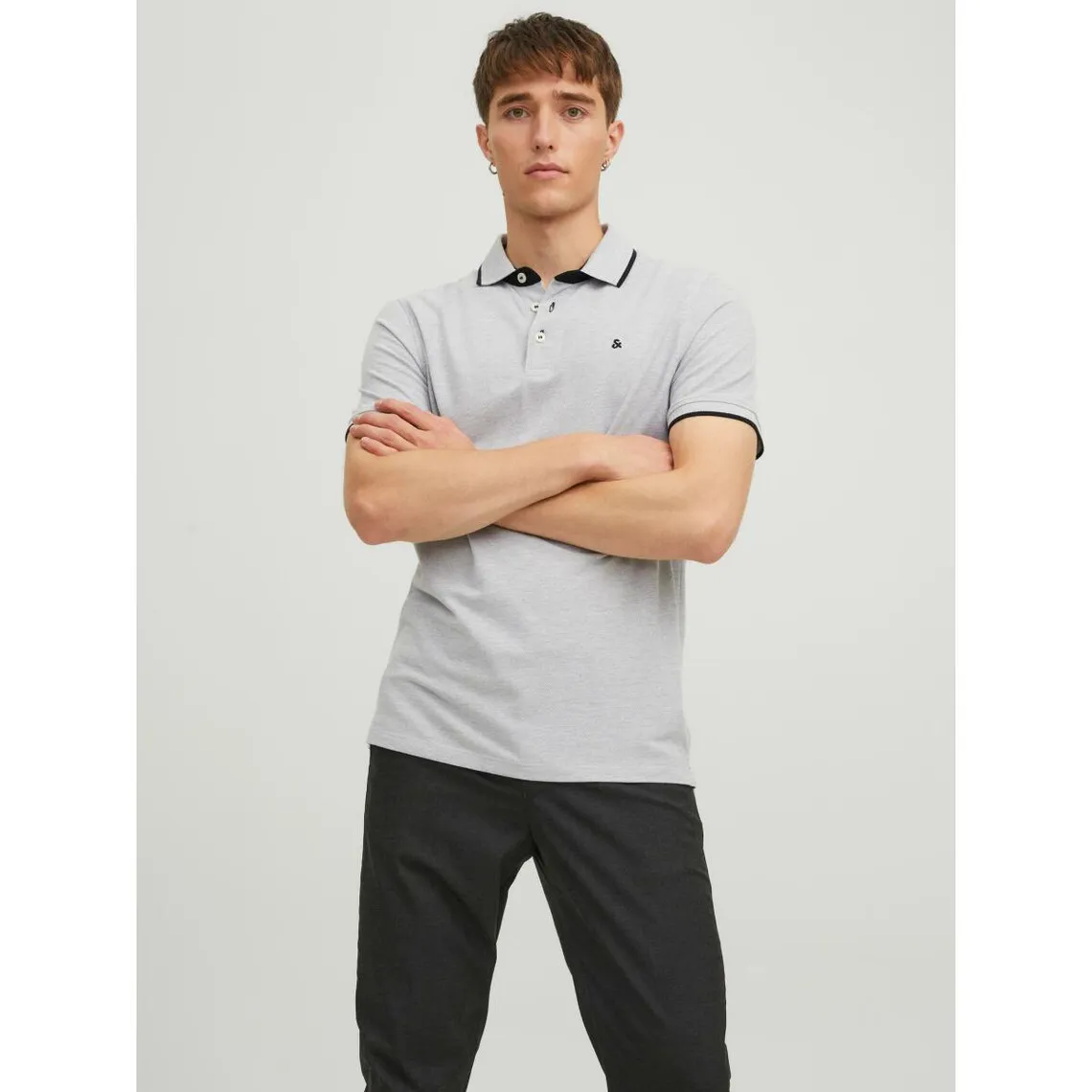 Polo Slim Fit Polo Manches courtes Gris Clair en coton Jack & Jones - Maillot de corps Homme sur MenCorner