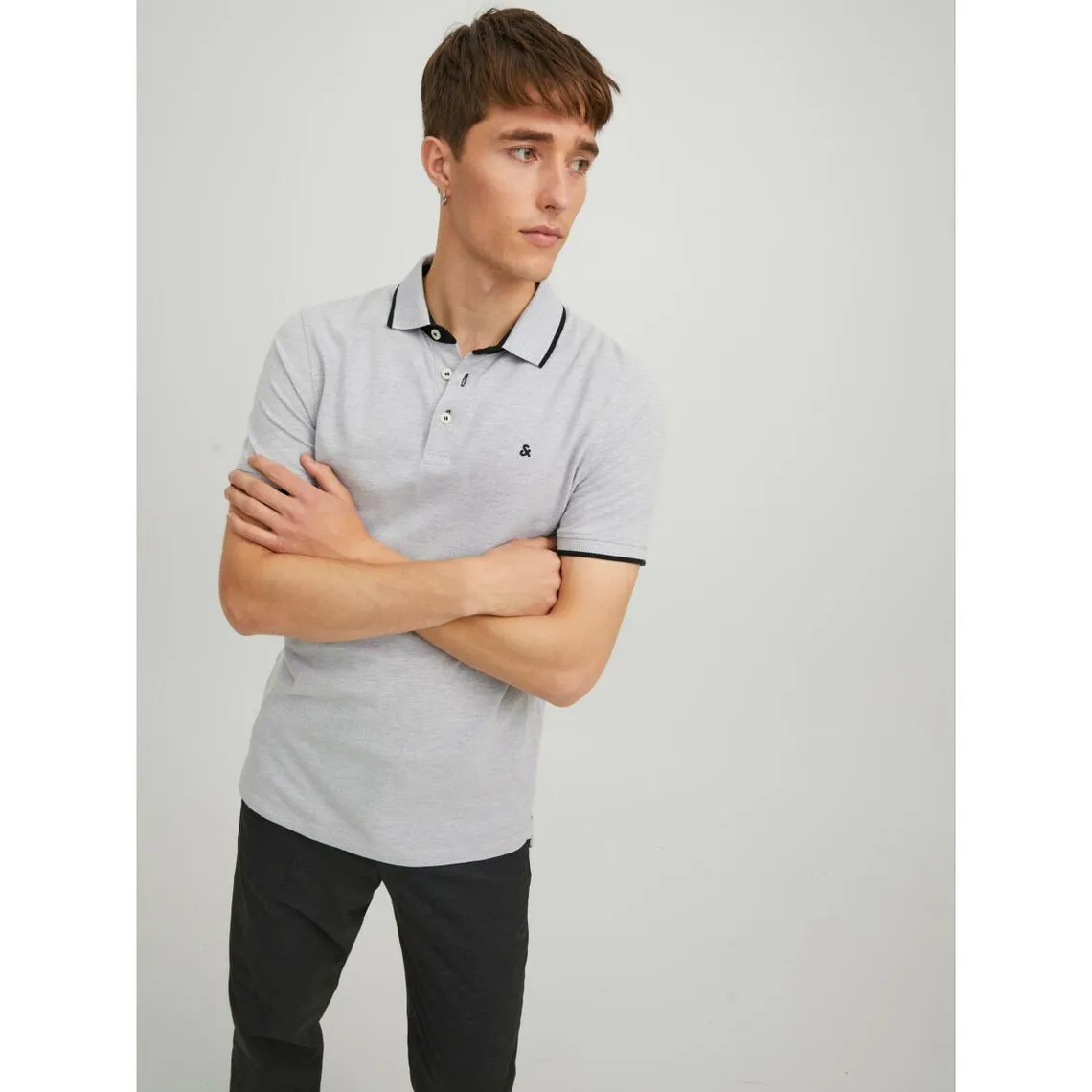 Polo Slim Fit Polo Manches courtes Gris Clair en coton Jack & Jones - Maillot de corps Homme sur MenCorner