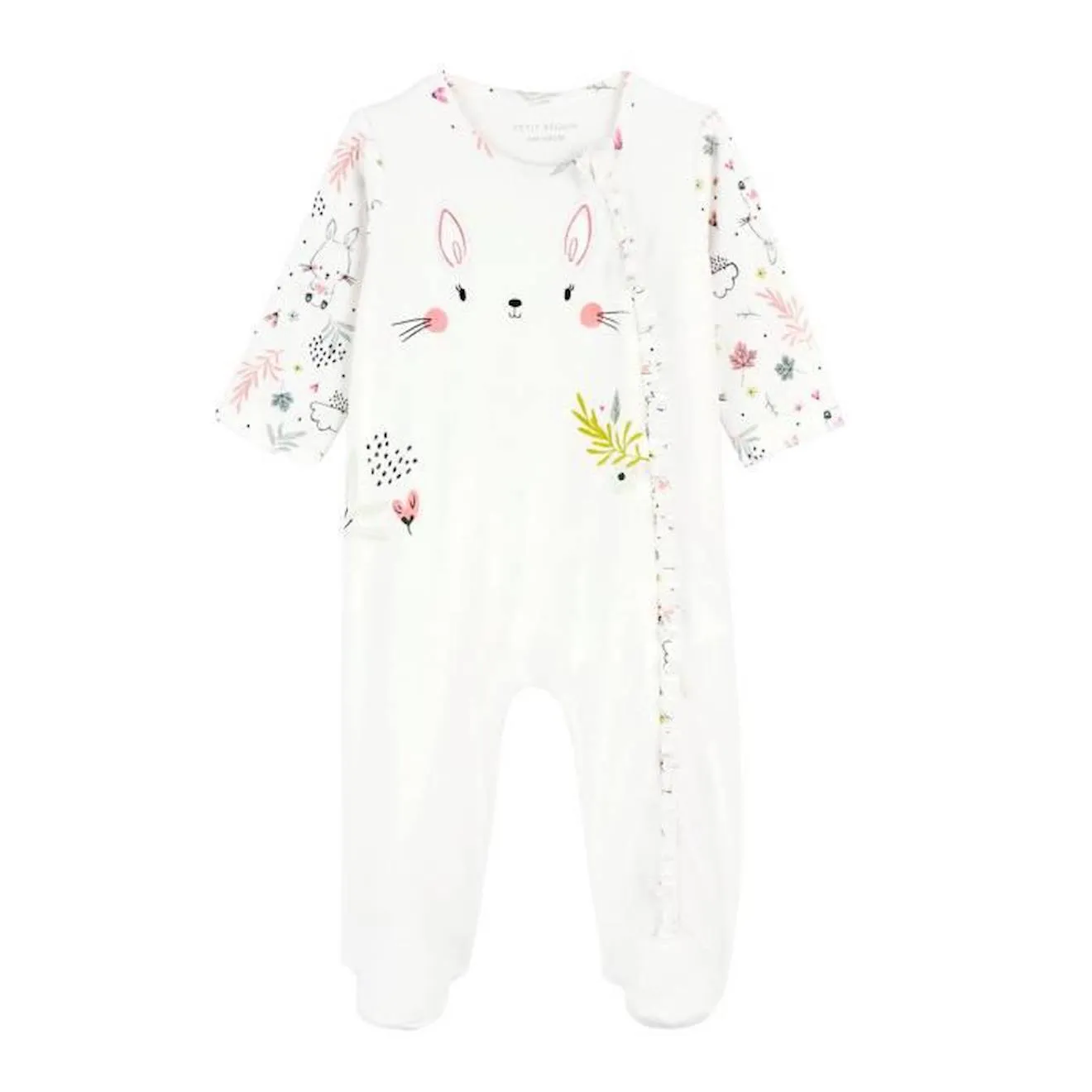Pyjama bébé en velours ouverture zippée Happy Bunny blanc - Petit Beguin