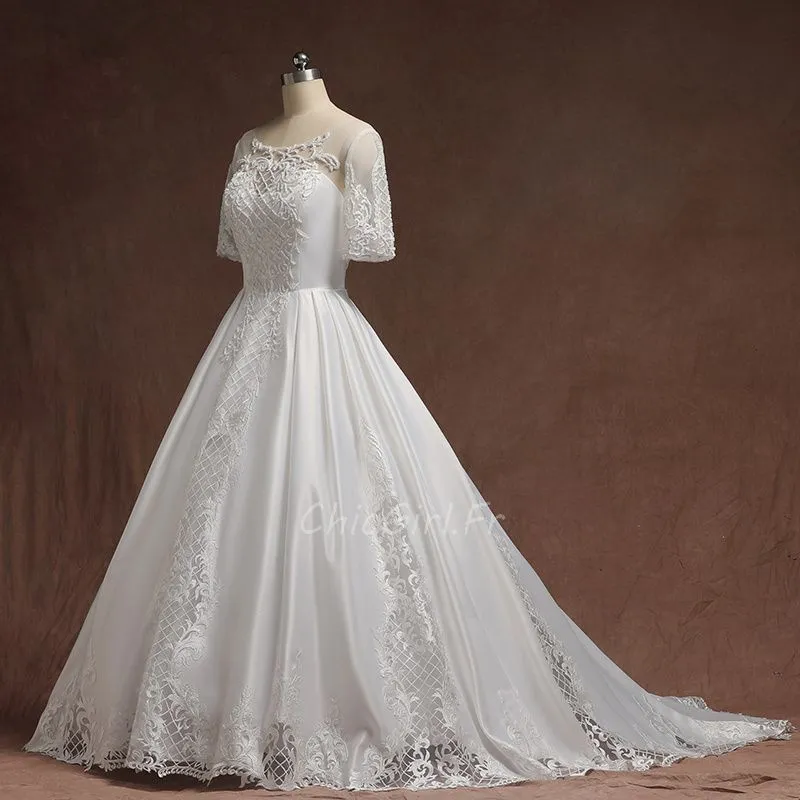 Robe De Mariée Princesse Grande Taille Satin Dentelle Perle Manche