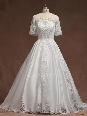 Robe De Mariée Princesse Grande Taille Satin Dentelle Perle Manche