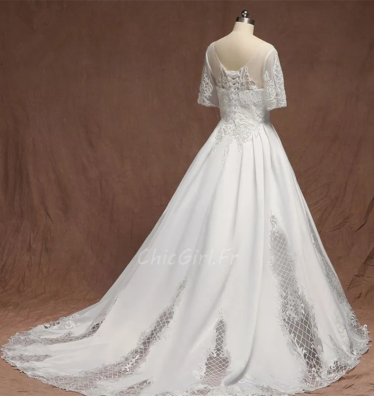 Robe De Mariée Princesse Grande Taille Satin Dentelle Perle Manche