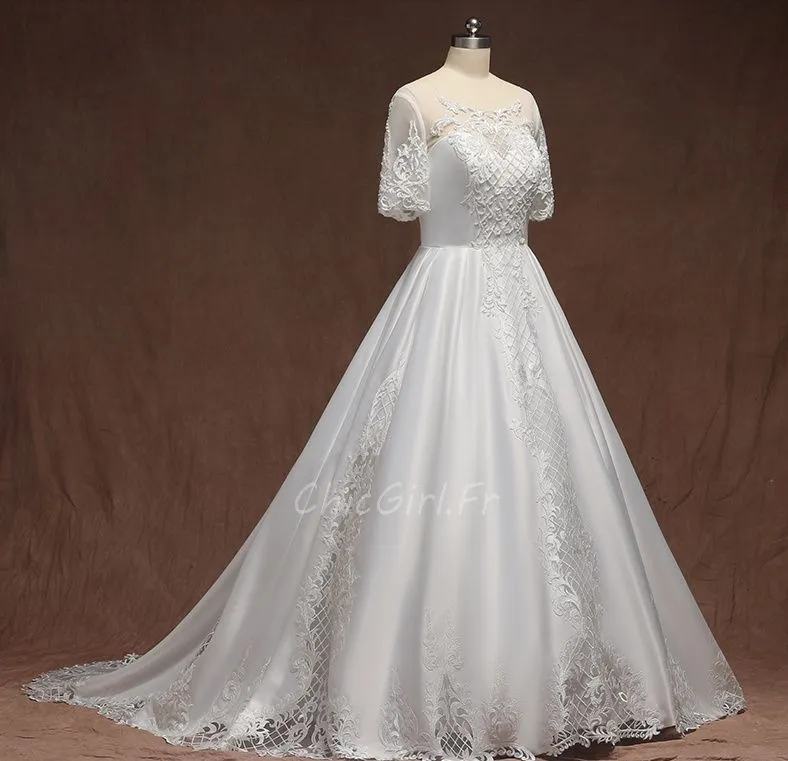 Robe De Mariée Princesse Grande Taille Satin Dentelle Perle Manche