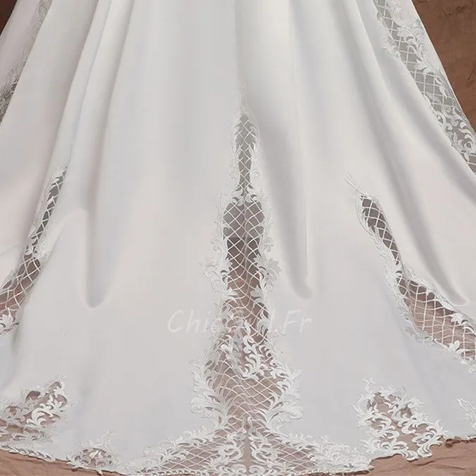 Robe De Mariée Princesse Grande Taille Satin Dentelle Perle Manche