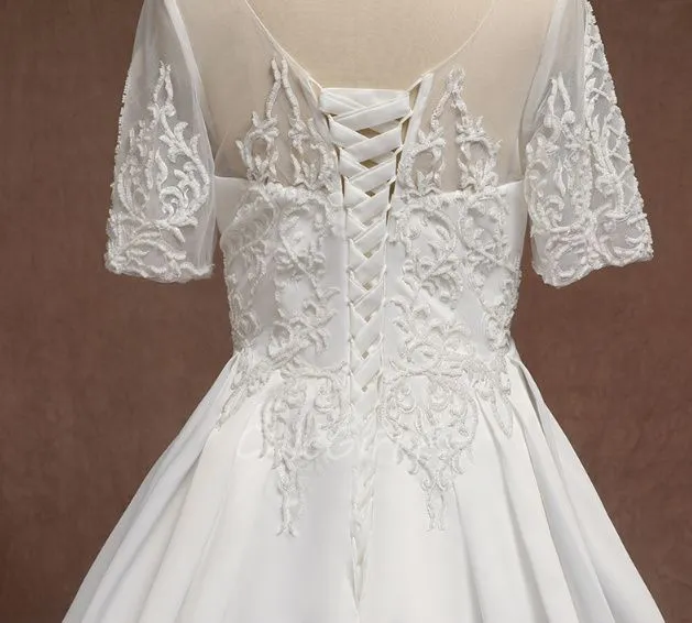 Robe De Mariée Princesse Grande Taille Satin Dentelle Perle Manche