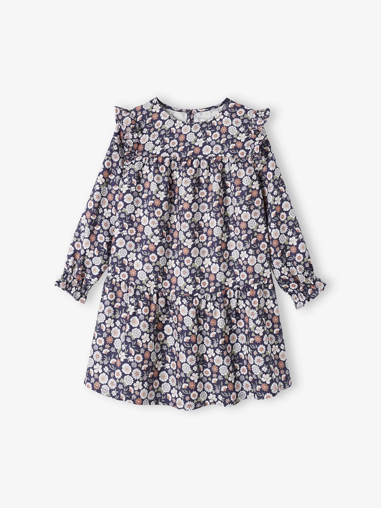 Robe imprimée fleurs manches volantées fille bleu nuit - Vertbaudet