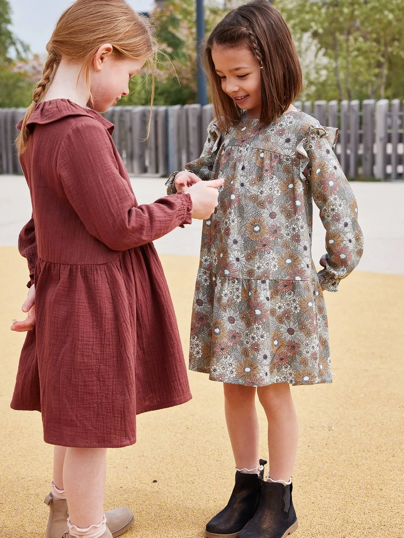 Robe imprimée fleurs manches volantées fille bleu nuit - Vertbaudet