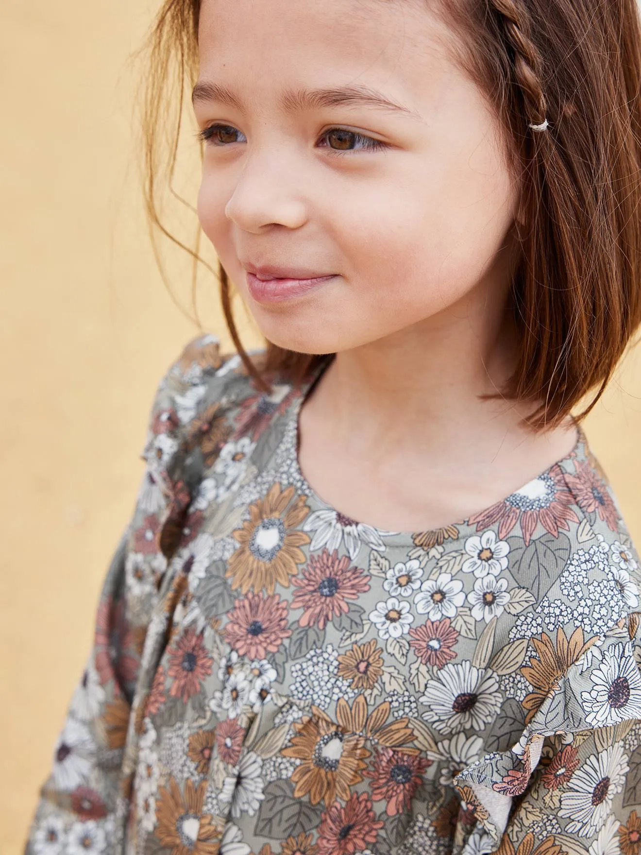 Robe imprimée fleurs manches volantées fille bleu nuit - Vertbaudet