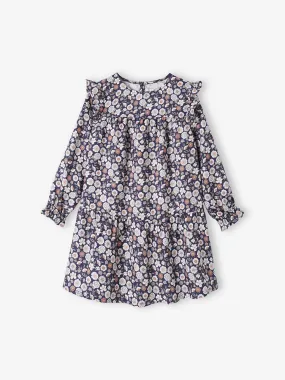 Robe imprimée fleurs manches volantées fille bleu nuit - Vertbaudet