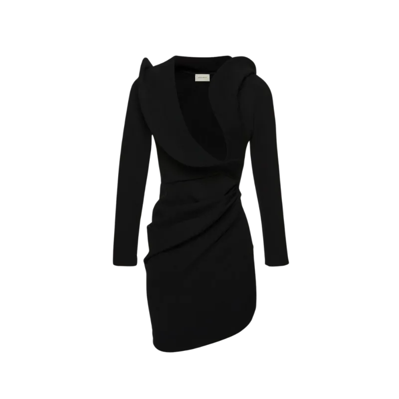 Robe mini sculpturale col v manches longues laine noir