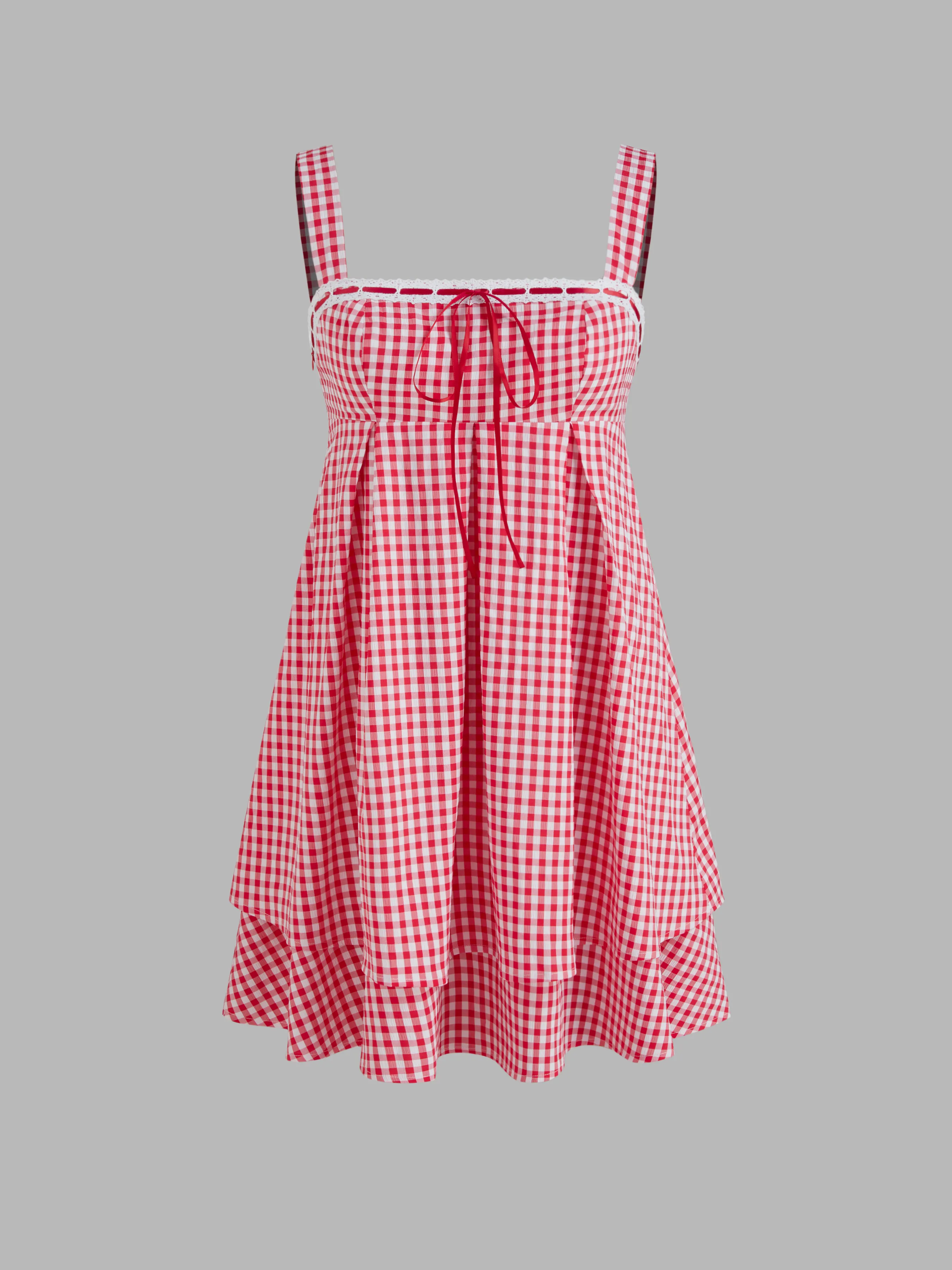 Robe mini à volants superposés et nœud vichy à col carré