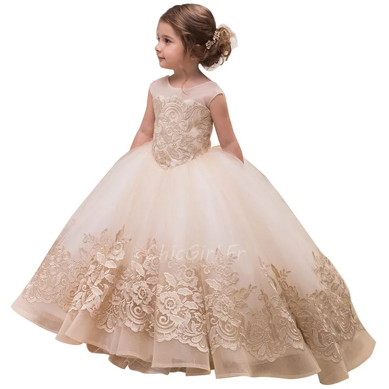 Robe Pour Mariage Fille Champagne Tulle Dentelle Robe Ceremonie Enfant