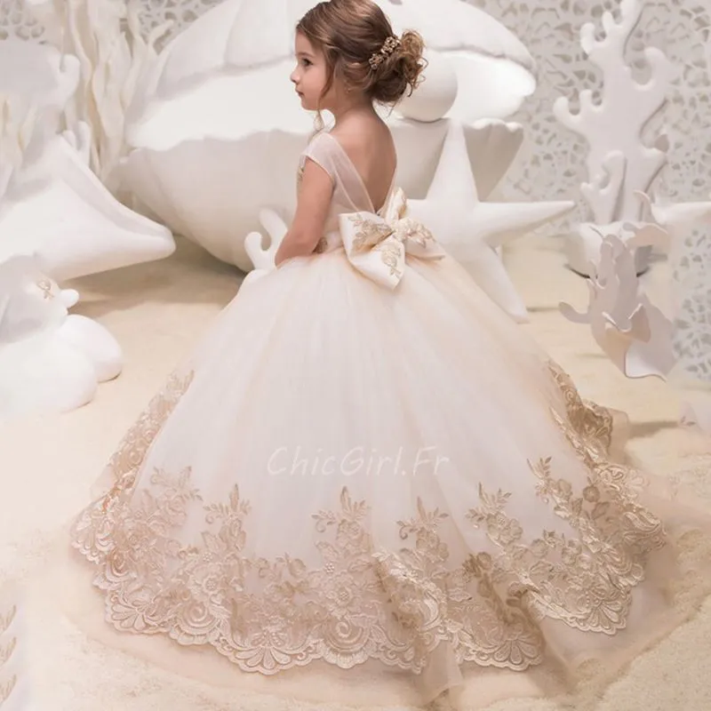 Robe Pour Mariage Fille Champagne Tulle Dentelle Robe Ceremonie Enfant