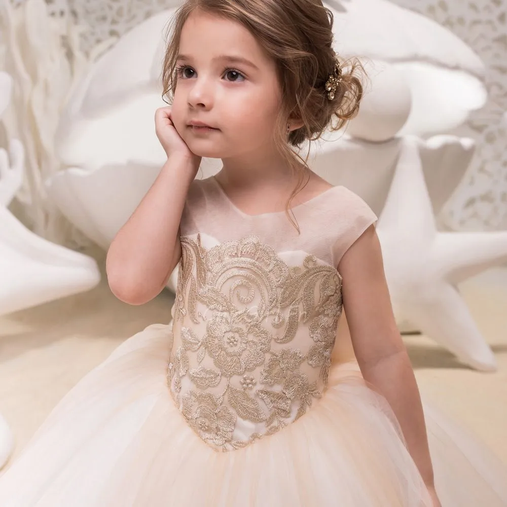 Robe Pour Mariage Fille Champagne Tulle Dentelle Robe Ceremonie Enfant