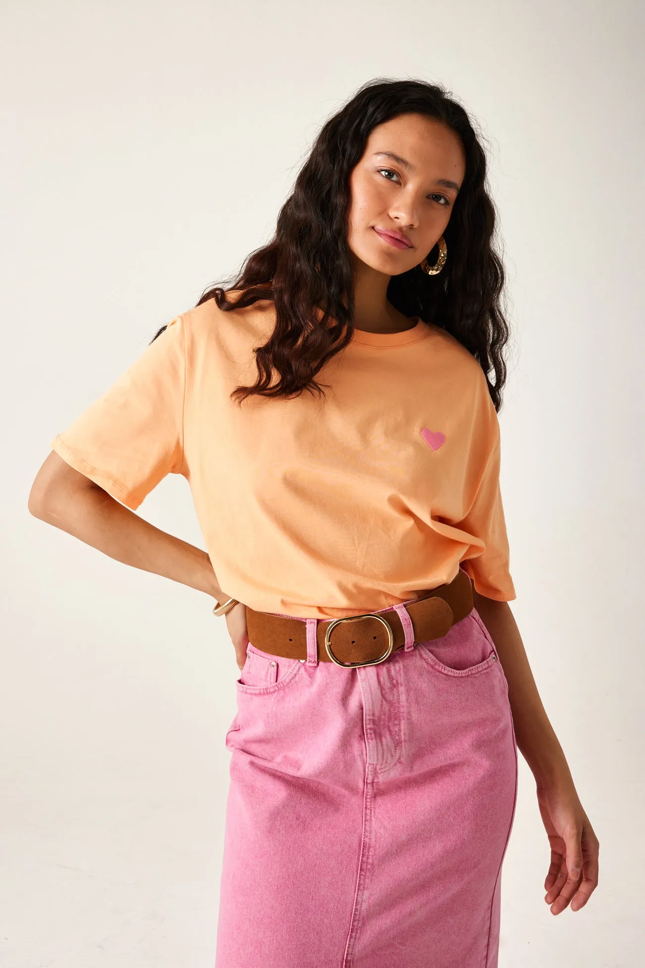 T-shirt cœur brodé Femme - Orange